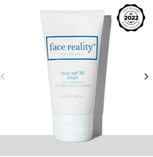 Face Reality Daily SPF sunscreen lotion bottle with ASCP award