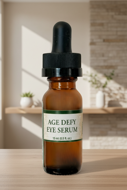 Brown glass bottle with dropper labeled 'Age Defy Eye Serum' on a calming background