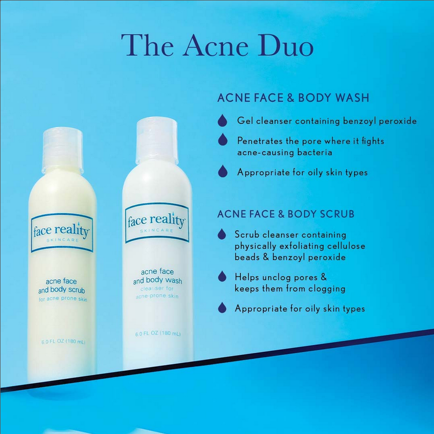 acne face and body scrub duo infographic with acne face and body wash